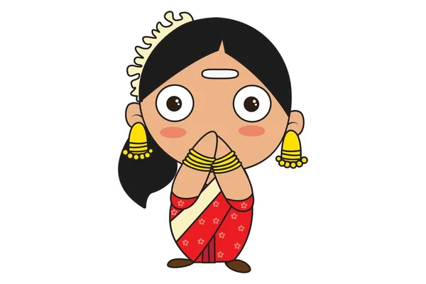 Векторная Карикатура Красивую Южноиндийскую Женщину Стоящую Приветственными Руками Изолированный Белом — стоковый вектор