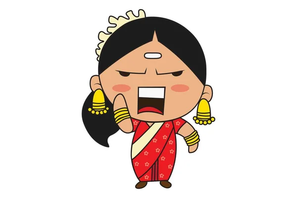 Güneyde Hint Kadın Kızgın Vektör Karikatür Çizim Beyaz Arka Plan — Stok Vektör