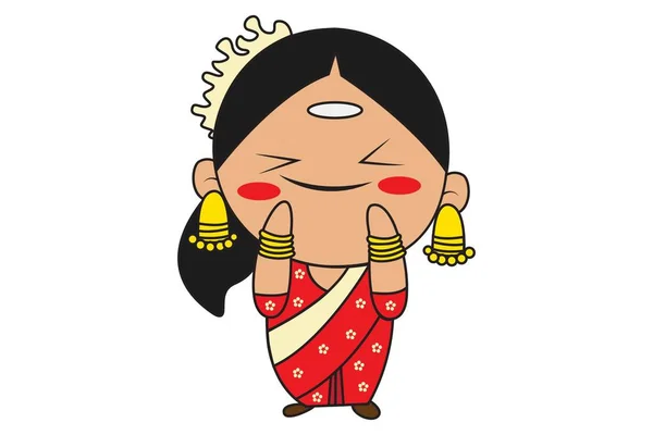 Güneyde Hint Kadın Mutlu Vektör Karikatür Çizim Beyaz Arka Plan — Stok Vektör