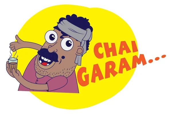 Stickers Chat Sur Thème Indien Homme Avec Une Tasse Thé — Image vectorielle