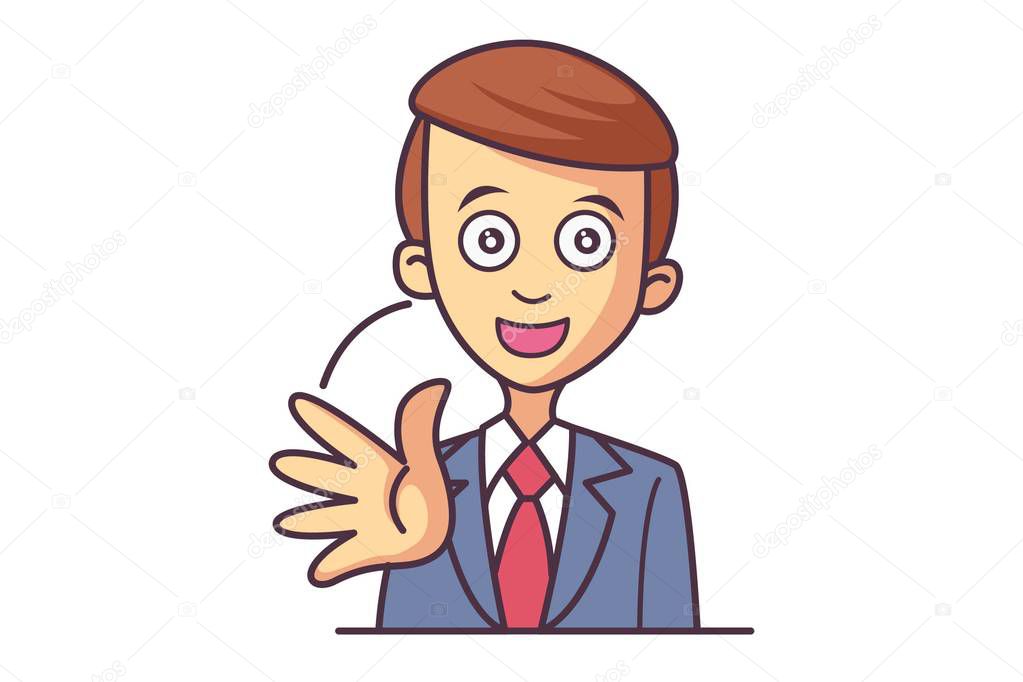 Vector cartoon illustration of cute businessman boy waving hand. Isolated on white background.