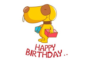 Vektör karikatür çizim hediyeler ve söyleyerek mutlu yıllar ile şirin köpek. Beyaz arka plan üzerinde izole.