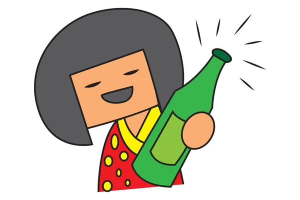Ilustración Dibujos Animados Vectorial Linda Chica China Con Botella Cerveza — Vector de stock