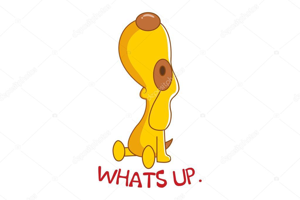 Vector cartoon illustration of cute dog saying whats up.Isolated on white background.