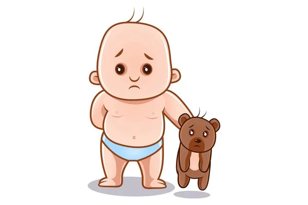 Ilustración Dibujos Animados Vectoriales Lindo Bebé Oso Peluche Triste Aislado — Vector de stock