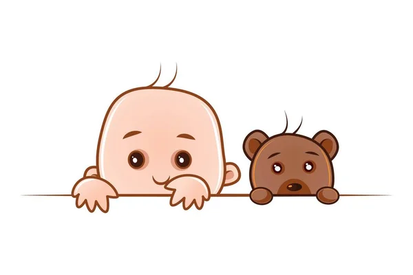 向量动画片例证 可爱的婴儿和泰迪熊正在看见 隔离在白色背景上 — 图库矢量图片