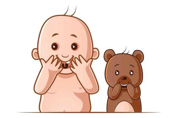 Векторная Карикатура Милый Малыш Плюшевый Медвежонок Стоят Шокированным Выражением Лица — стоковый вектор