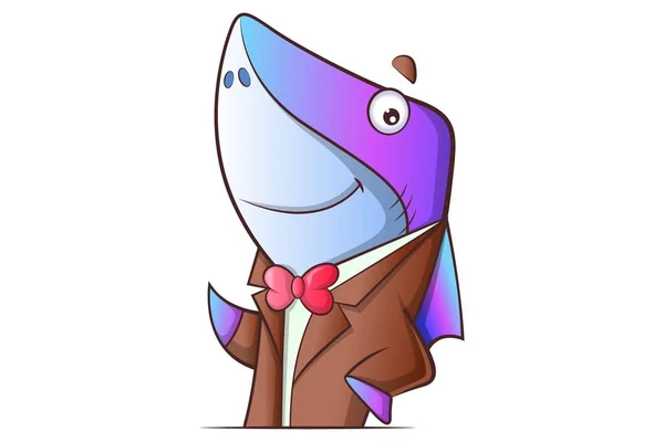 Vector Ilustración Dibujos Animados Tiburón Lindo Con Abrigo Corbata Aislado — Vector de stock