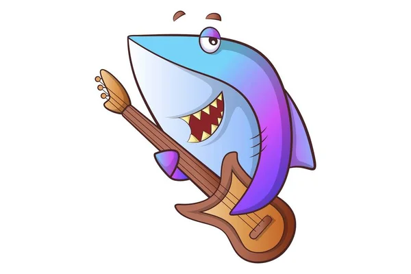 Vector Ilustración Dibujos Animados Tiburón Lindo Tocando Guitarra Aislado Sobre — Vector de stock