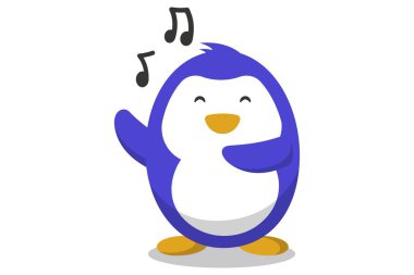 Vektör karikatür çizim. Sevimli penguen müzik simgesiyle. Beyaz arka plan üzerinde izole.