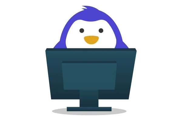 向量动画片例证 在电脑上工作的可爱企鹅 隔离在白色背景上 — 图库矢量图片