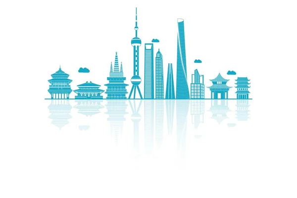 Ilustración Vectorial Río Huangpu Shanghai Skyline Atardecer China Skyline Silueta — Vector de stock