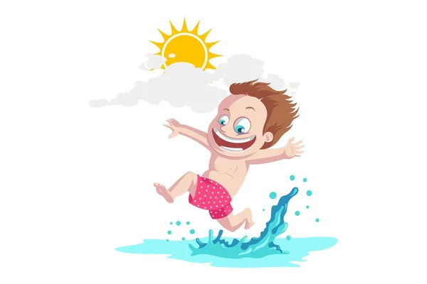 Netter Junge Springt Auf Dem Wasser Strand Vektorillustration Isoliert Auf — Stockvektor