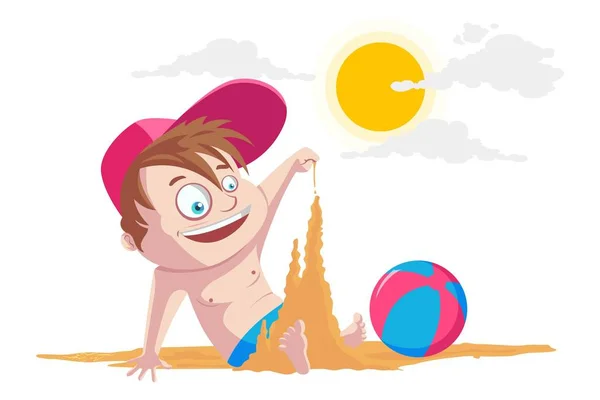 Netter Junge Der Mit Sand Strand Spielt Vektorillustration Isoliert Auf — Stockvektor