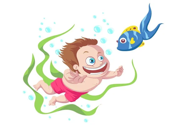 Cute Boy Swimming Vector Illustration Isolated White Background — Stock Vector