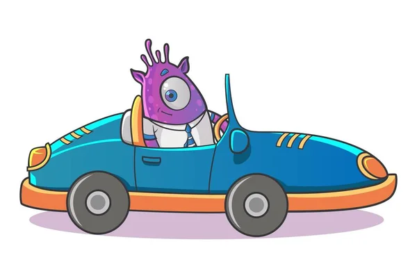 Illustration Vectorielle Professional Purple Monster Conduisant Voiture Isolé Sur Fond — Image vectorielle