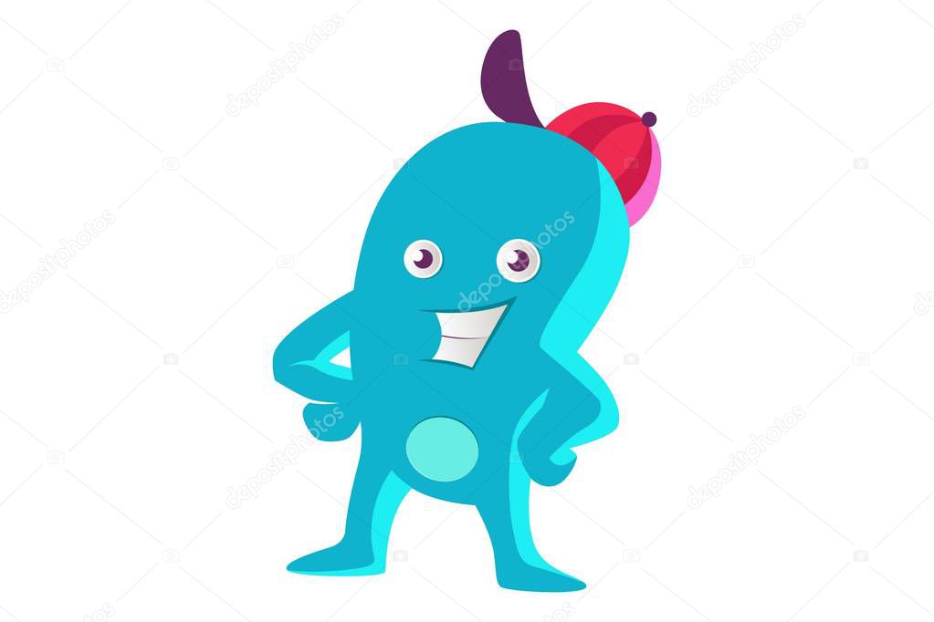 Vector illustration of cute blue monster happy. Isolated on white background.