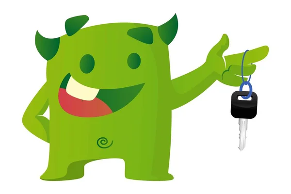 可爱的绿色怪物拿着钥匙在手 向量动画片例证 隔离在白色背景上 — 图库矢量图片