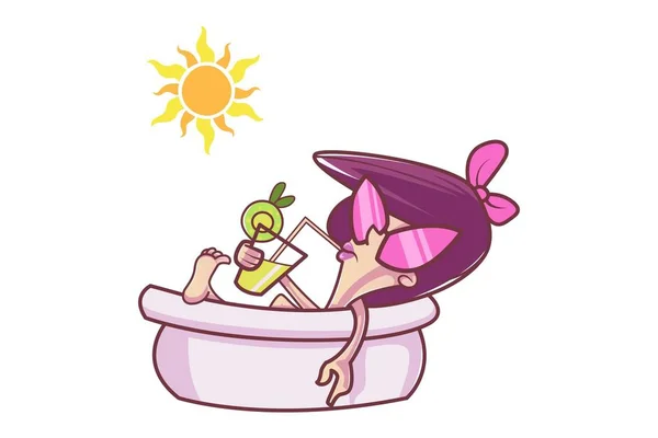 Vector Cartoon Illustration Cute Girl Drinking Juice Sitting Bathtub Isolated — Stock Vector