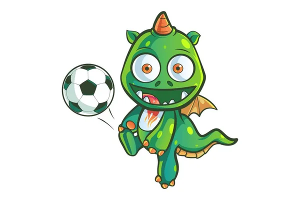 Vector Cartoon Illustration Cute Baby Dragon Playing Football Isolated White — Stock Vector