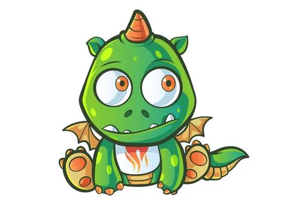 Vector cartoon illustration of cute baby dragon is thinking . Isolated on white background.