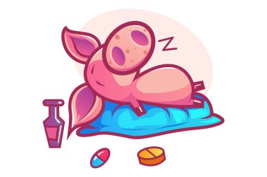Vektör karikatür çizim şirin domuz uyuyor. Beyaz arka plan üzerinde izole.