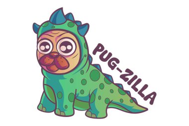 Vektör karikatür çizim. Şirin pug giyen dino elbise. Beyaz arka plan üzerinde izole