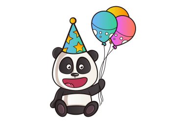Sevimli panda balon ve giyen doğum günü şapkası ile vektör karikatür çizim. Beyaz arka plan üzerinde izole.