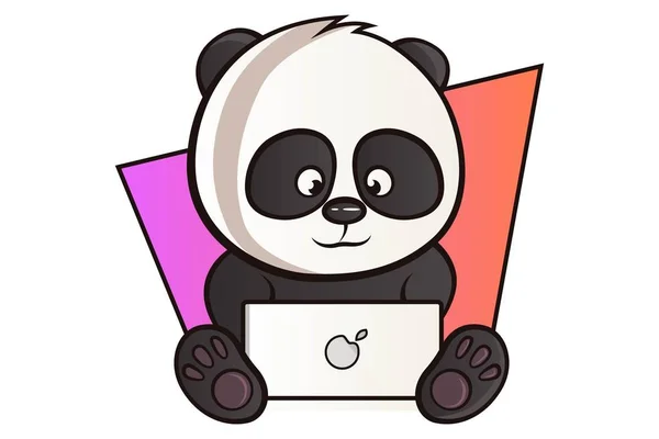 Vektor Cartoon Illustration Des Niedlichen Panda Der Auf Dem Laptop — Stockvektor