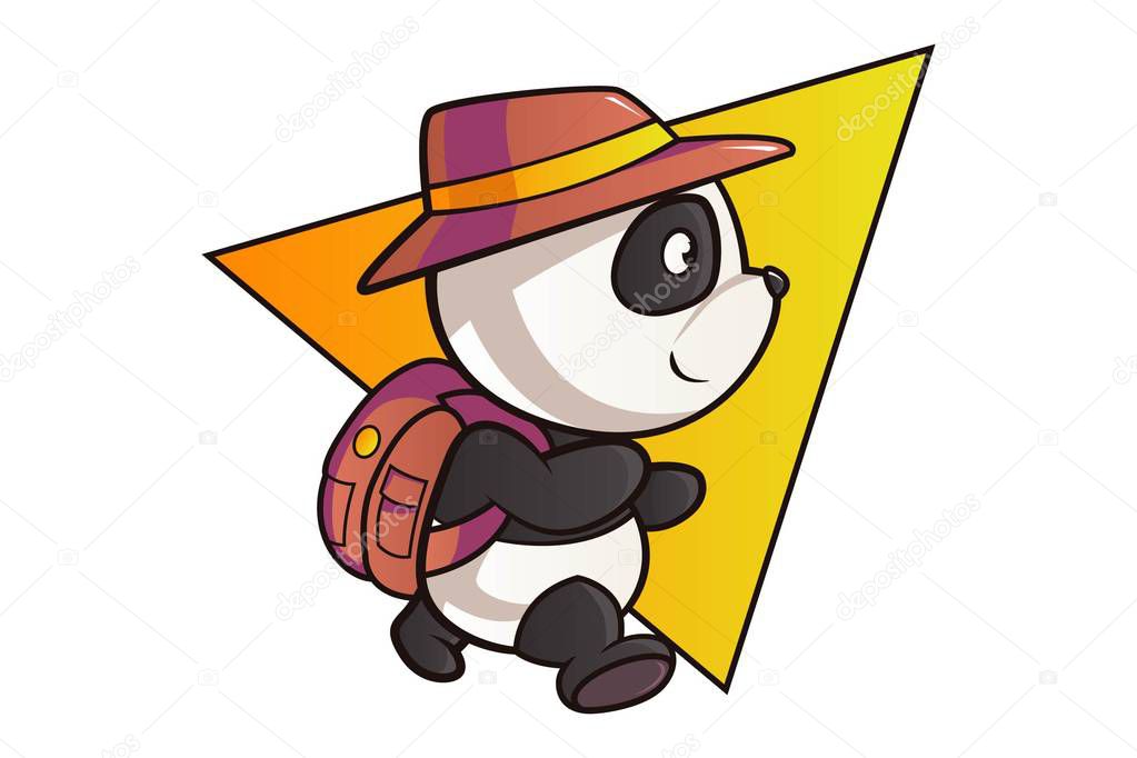 Vector cartoon illustration of cute panda is walking with  bag and a hat on head. Isolated On white background.