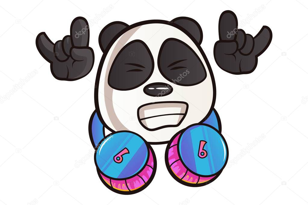 Vector cartoon illustration of cute panda is headphones in neck and showing thumbs up. Isolated On white background.