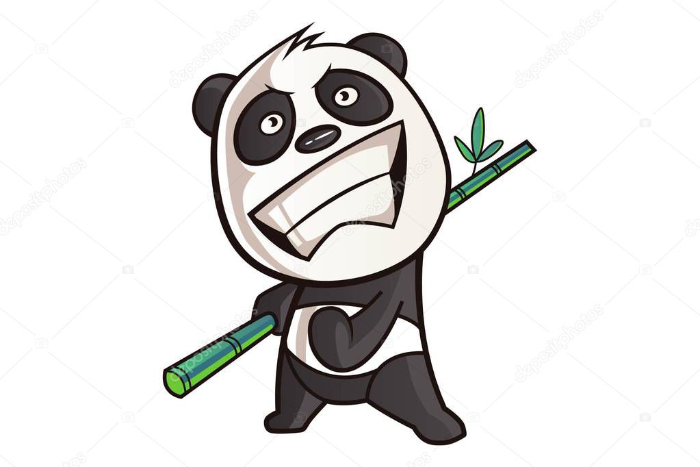 Vector cartoon illustration. Cute panda is playing with bamboo stick. Isolated On white background.