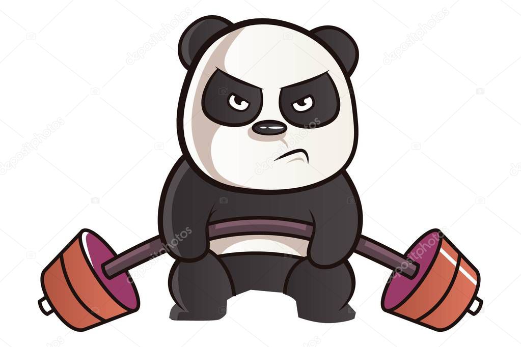 Vector cartoon illustration. Cute panda is exercising with dumbbell. Isolated On white background.