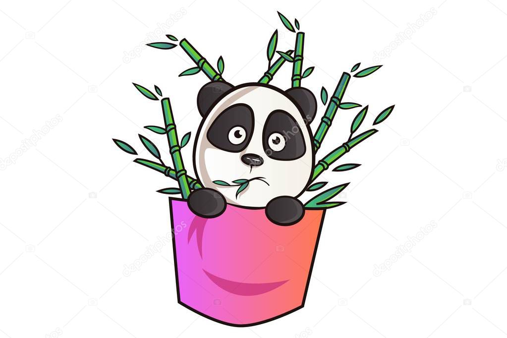 Vector cartoon illustration of cute panda with bamboo sticks. Isolated on white background.