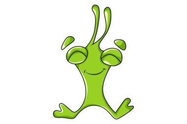 Vektör karikatür çizim sevimli yeşil canavar oturuyor. Beyaz arka plan üzerinde izole.