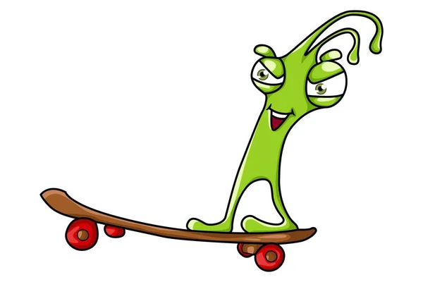 Illustration Vectorielle Dessin Animé Monstre Vert Mignon Courant Sur Patinage — Image vectorielle