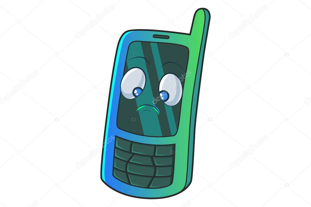  Vector cartoon illustration of cute mobile is sad. Isolated on white background. 