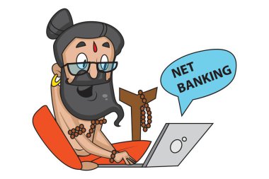 Vektör karikatür çizim şirin veri baba net bankacılık yapıyor. Beyaz arka plan üzerinde izole.