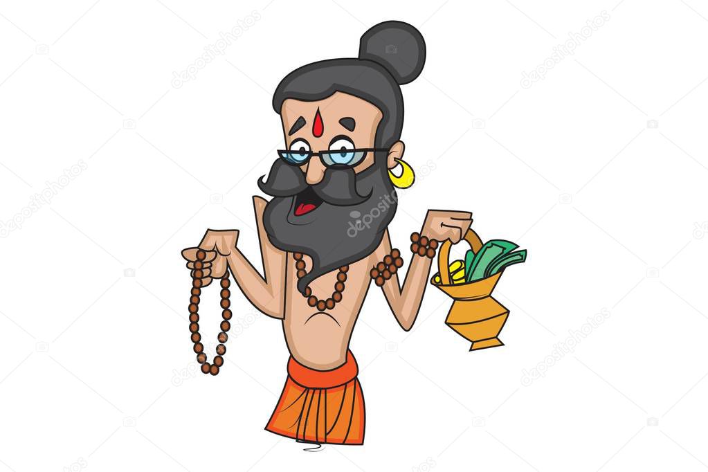 Vector cartoon illustration of cute data baba holding rudraksha mala and alms pot in hand. Isolated on white background.