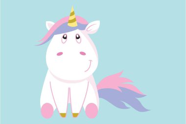 Vektör karikatür çizim oturma sevimli tek boynuzlu at. Üzerinde mavi arka plan izole.