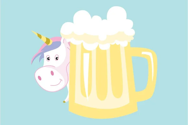 Illustration Vectorielle Licorne Mignonne Derrière Tasse Bière Isolé Sur Fond — Image vectorielle