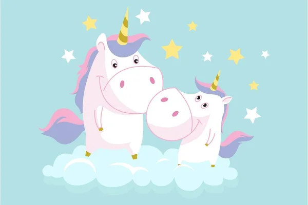 Ilustrasi Kartun Vektor Dari Pasangan Unicorn Yang Lucu Terisolasi Latar - Stok Vektor