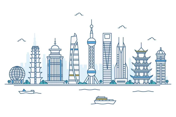 Ilustración Dibujos Animados Vectoriales Shanghai Skyline Aislado Sobre Fondo Blanco — Vector de stock