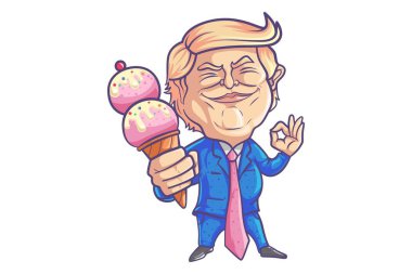 Vektör karikatür çizim şirin trump dondurma yemek. Beyaz arka plan üzerinde izole.