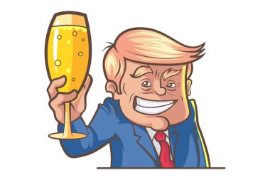 Vektör karikatür çizim şirin trump altın cam holding ile mutlu. Beyaz arka plan üzerinde izole.