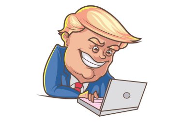 Vektör karikatür çizim şirin trump dizüstü bilgisayarda çalışıyor. Beyaz arka plan üzerinde izole.