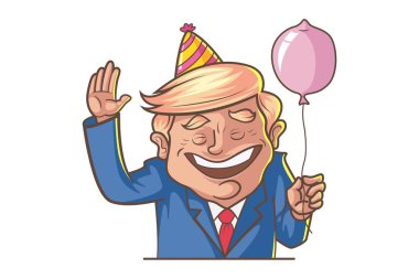 Vektör karikatür çizim şirin trump doğum günü kap ve holding balon giyiyor. Beyaz arka plan üzerinde izole.