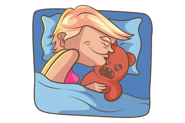 Vektor Cartoon Illustration Von Süßen Trumpf Schlafend Mit Teddybär Isoliert — Stockvektor