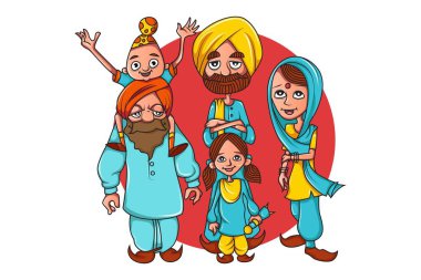 Punjabi çiftçi ailesinin vektör karikatür Illustration. Beyaz arka planda yalıtılmış.