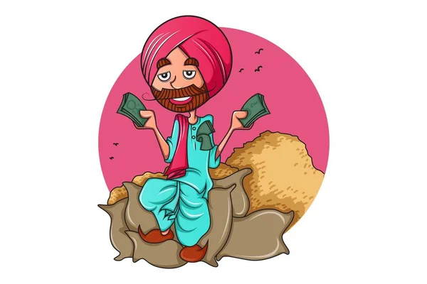 Vector Karikatúra Illusztrációja Punjabi Mezőgazdasági Termelő Sok Pénzt Elszigetelt Fehér — Stock Vector